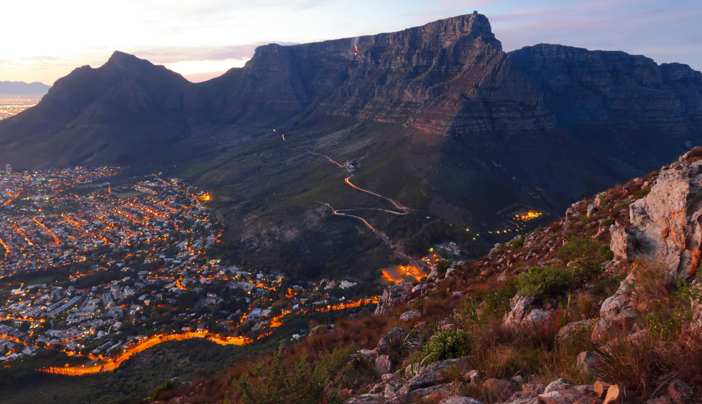 Cape Town at dusk with city lights